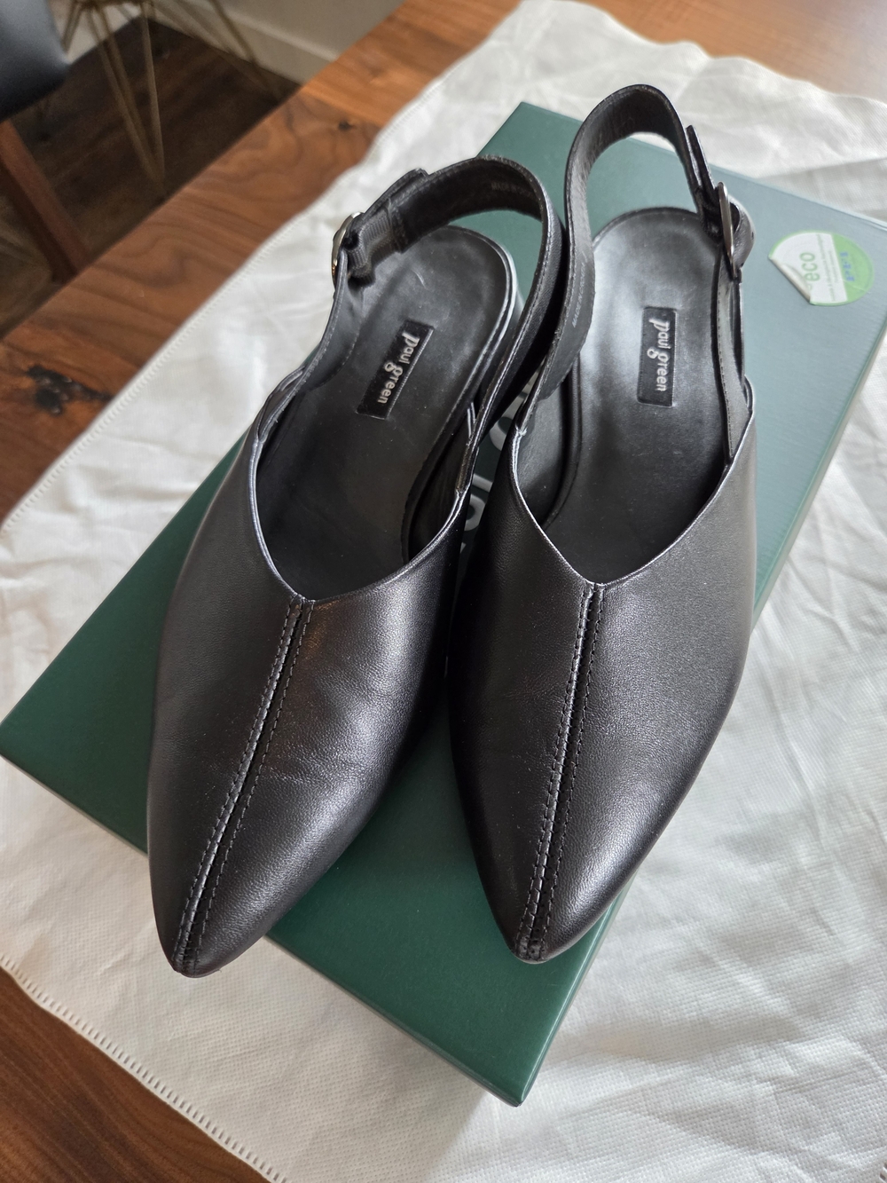 Paul Green Black Pointed Slingback Mules with Center Seam